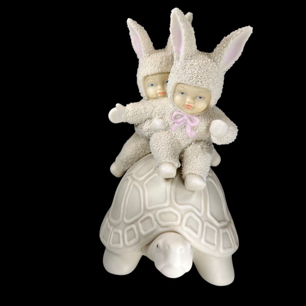 Vtg Dept 56 Snowbunnies Riding Turtle 1995 It's Working We're Going Faster